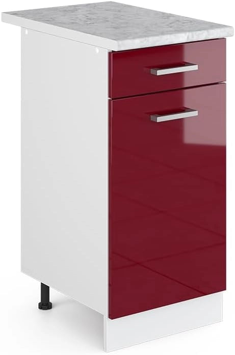 Base universale R-Line, Rosso bordeaux lucido, 40 cm con cassetto, con piano di lavoro, adatto per essere riposto in modo salvaspazio nelle cucine componibili