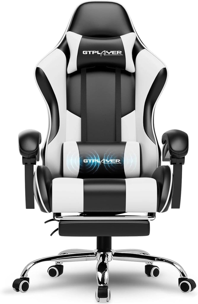 Sedia da gaming, da ufficio, da gioco, ergonomica, con poggiapiedi, per massaggi, cuscino lombare, imbottita, sedia girevole, colore: bianco