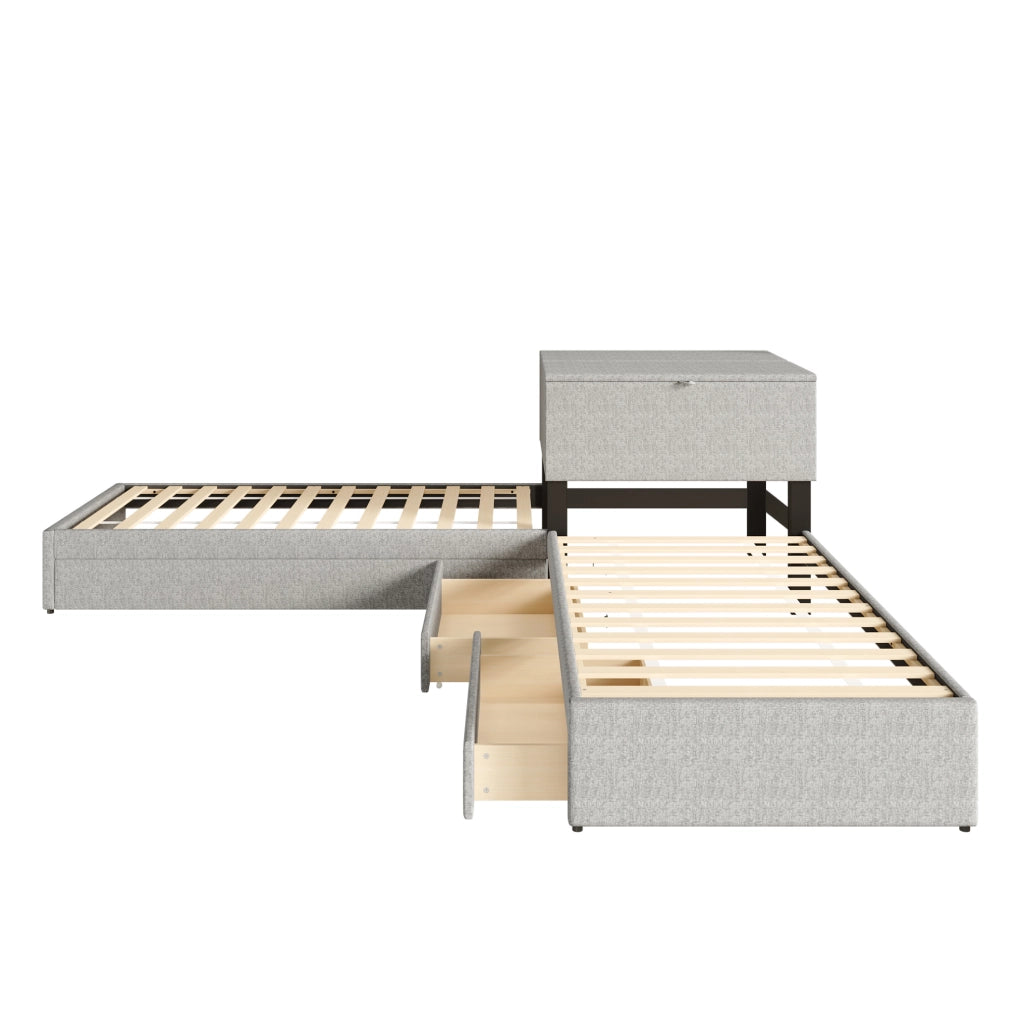 Letto angolare multifunzione con letto estraibile, contenitore e cassetti, 90x200 cm, grigio