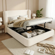 Letto matrimoniale imbottito con contenitore; testiera in bouclé beige; 219x189x100 cm