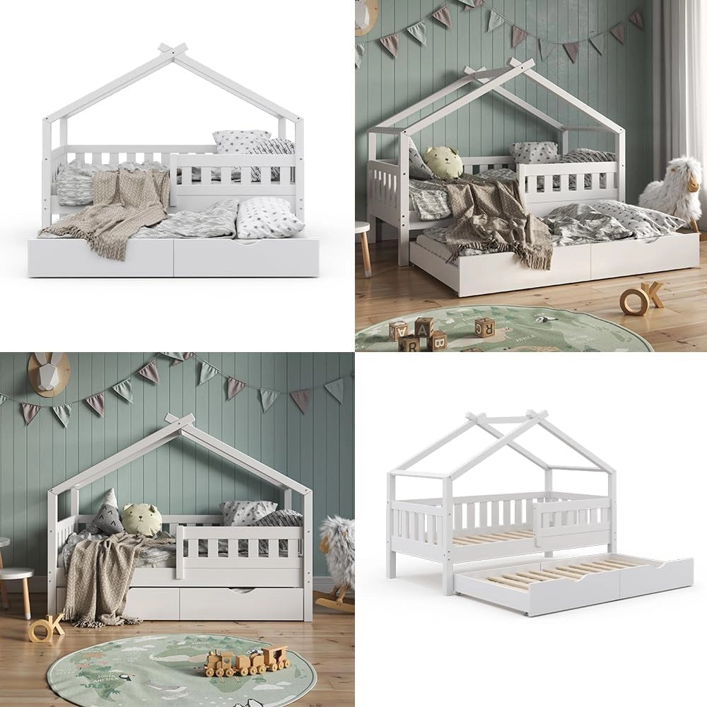 Letto montessori bambini Design, Bianco, 80x160 cm con letto per ospiti, adatto come area giochi e zona notte per bambini