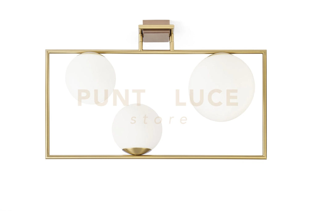 BUBLE LAMPADARIO DA SOFFITTO 3 SFERE OPALINO STRUTTURA ORO SPAZZOLATO E BRONZO ATTACCO E27