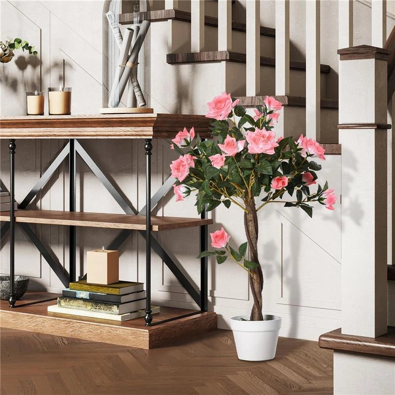 PIANTA FINTA DI ROSA DA 21 FIORI CON VASO RIEMPITO IN CEMENTO E MUSCHIO, Ï18X90 CM, ROSA