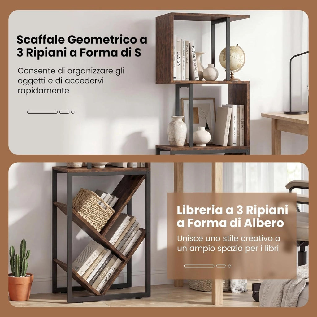 Libreria Scaffale, Librerie Verticali da Terra a 6 Ripiani Aperti, Scaffale Alto Industriale a S e Albero, 39,5 x 25 x 122 cm, per Soggiorno, Ufficio e Camera da Letto