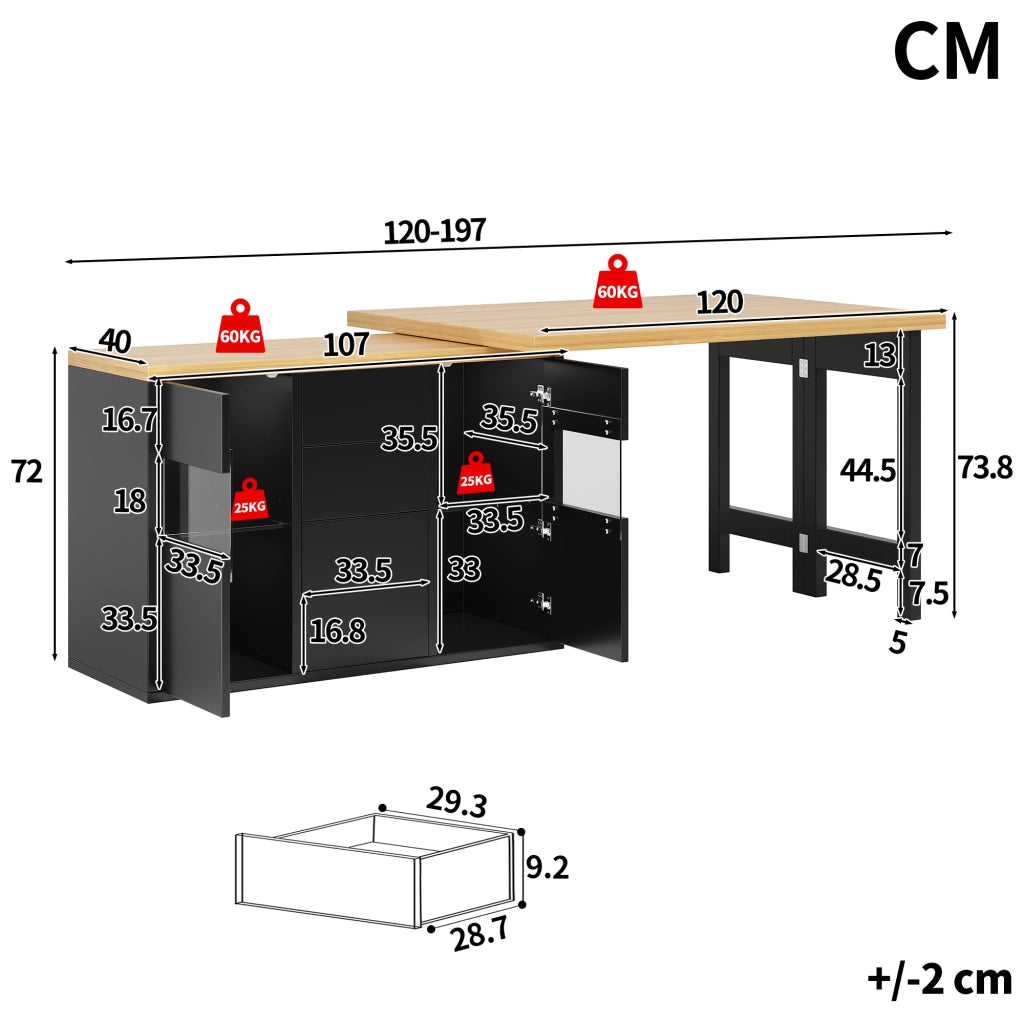 Dispensa da cucina con 4 cassetti; ante in vetro e LED RGB; piano girevole 360°; per cucina; nero; 120 × 40 × 73.8 cm