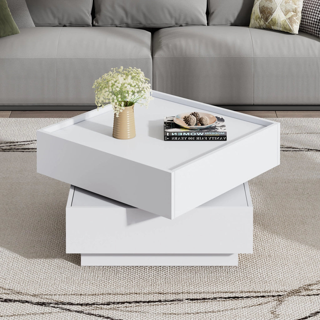 TAVOLINO DA CAFFÈ Girevole 360° 60x60x38 cm Bianco con 2 cassetti