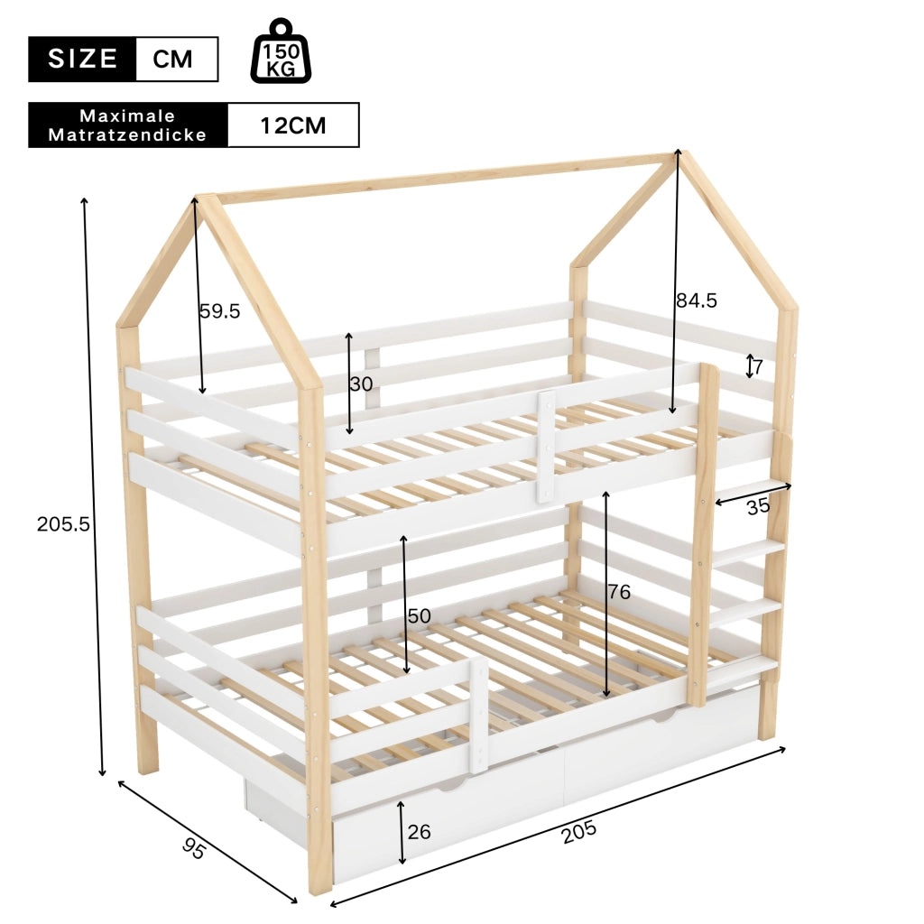 LETTO A CASTELLO Casetta 90x200 cm Legno massello Bianco e Rovere senza materasso