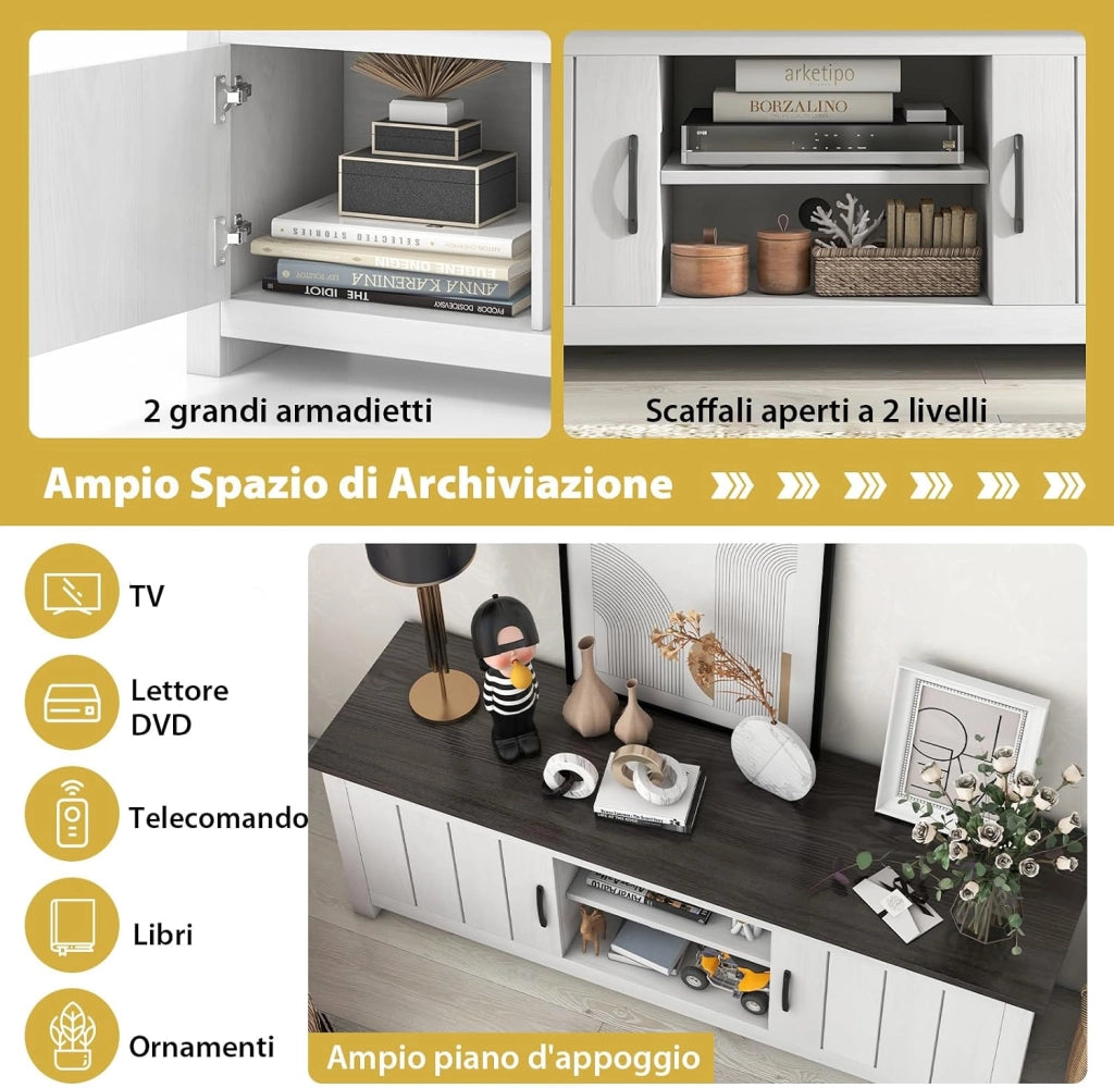 Mobile TV con 2 Ante per TV fino a 65", Mobile Porta TV in Legno con Ripiani Aperti, Mobile per TV in Legno per Soggiorno, 145 x 39,5 x 49,5 cm (Grigio Scuro)