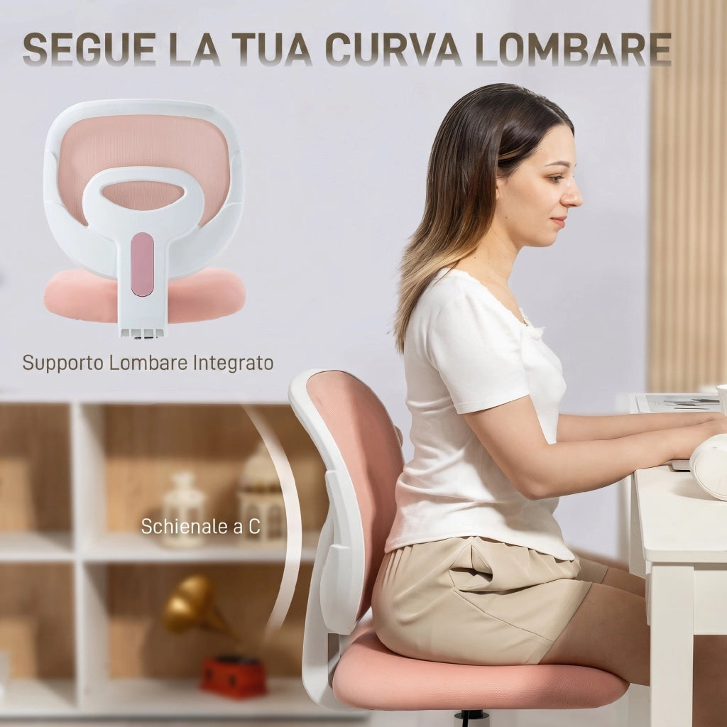 Sedia da Ufficio Ergonomica Girevole 53x59,5x81-89 cm Senza Braccioli in Tessuto a Rete Traspirante Rosa