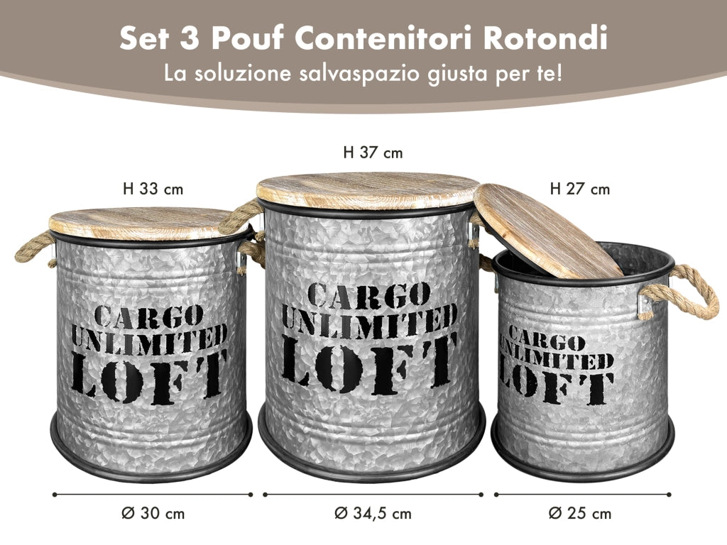 Set 3 Pouf Contenitori In Acciaio SgabellO Tavolino Caffè Salotto Design Moderno Cargo Unlimited Impilabili Salvaspazio Arredo Soggiorno Camera Coperchio Legno Vintage  Naturale