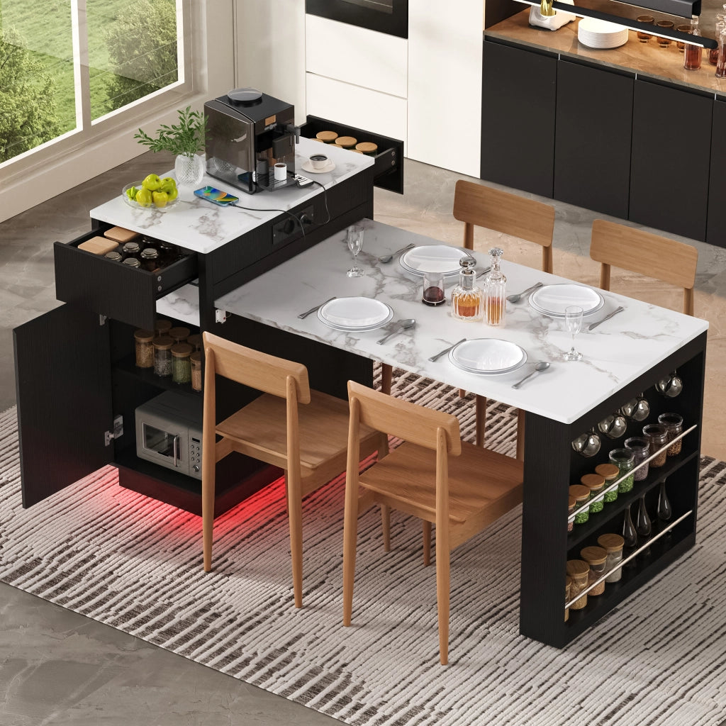 Tavolo da pranzo con LED; presa USB; ripiani e cassetti - per cucina e soggiorno - in MDF - nero