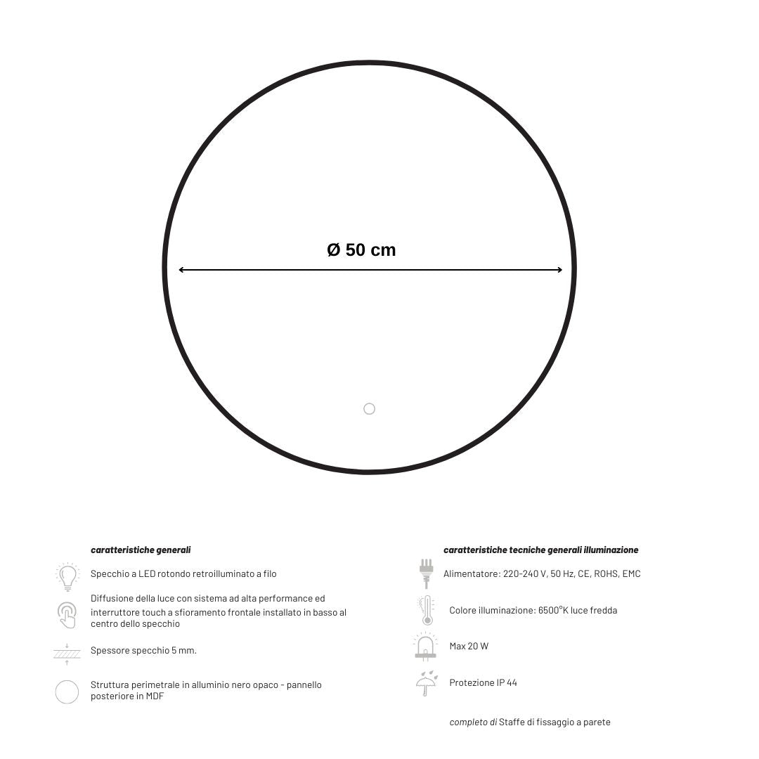 Specchio 5 mm tondo cornice nera retroilluminato led interruttore touch *** misura Ã˜50, tonalità standard 6000-6500...