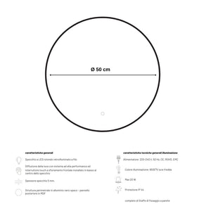Specchio 5 mm tondo cornice nera retroilluminato led interruttore touch *** misura Ã˜50, tonalità standard 6000-6500...