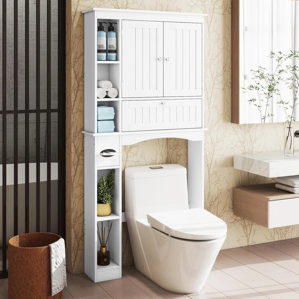 Mobiletto Spora WC 80 x 21 x 165 cm, Scaffale Lavatrice con 2 Ante, Ripiano Regolabile, Barra Inferiore e Porta Carta Igienica, Mobile Portabiancheria per Bagno