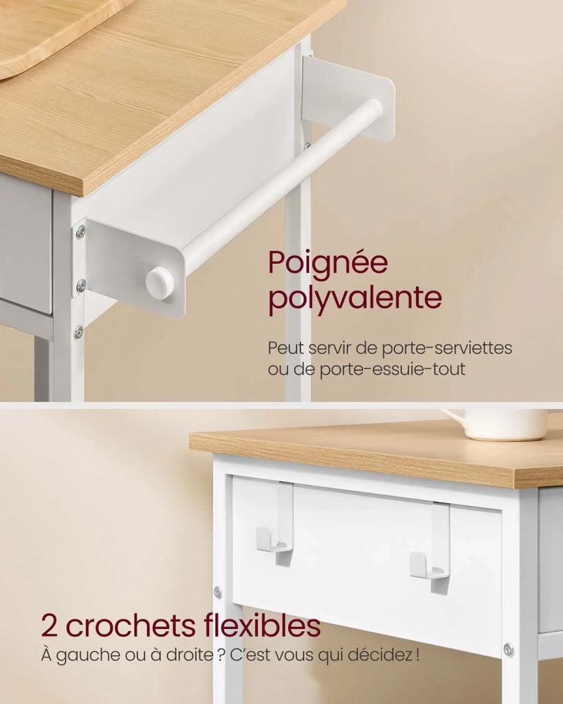 Carrello da cucina su ruote isola cucina mobile 45 x 60 x 90 cm con cassetto e 2 ganci per sala da pranzo rovere beige e bianco opaco 12_0008028