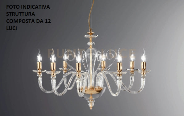 LAMPADARIO DEBUSSY 12 LUCI TRASPARENTE E ORO ATTACCO E14 D.84CM