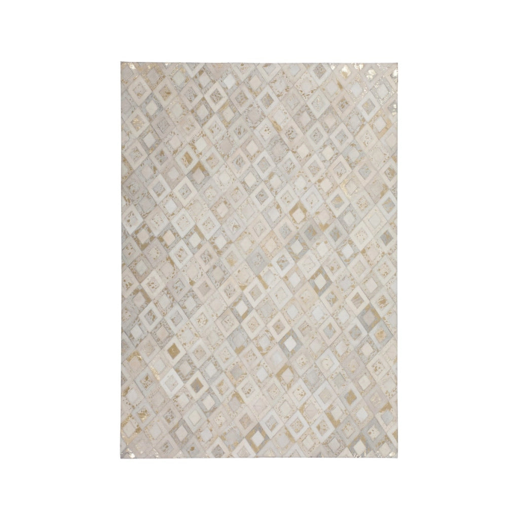 Tappeto in Pelle Dazzle Avorio e Oro con Pattern a Rombi
