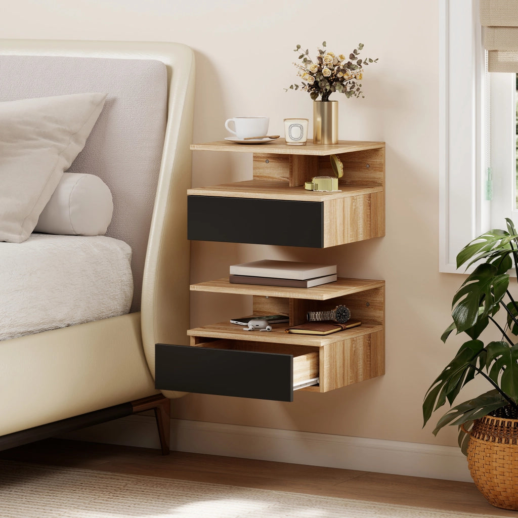 Set di 2 Comodini Sospesi con Cassetto e Mensola Aperta, 35x32x22.5 cm, Nero e Rovere