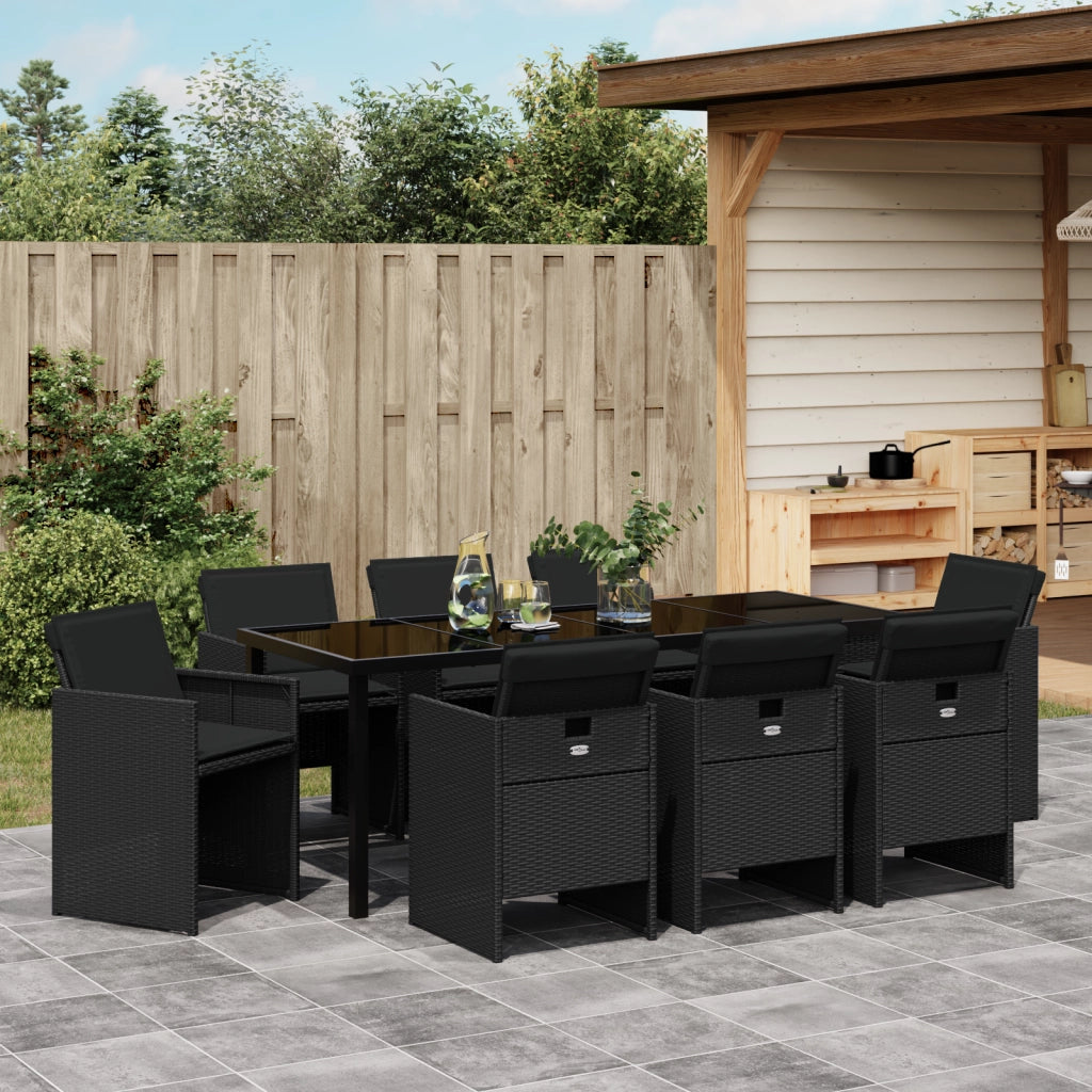 Set da Pranzo da Giardino 9 Pezzi con Cuscini - Rattan Poliestere Nero