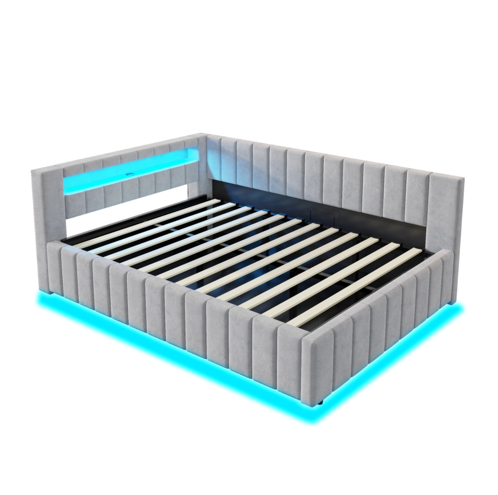 Letto imbottito ULEVR 140x200 cm con contenitore idraulico, LED e USB, velluto grigio