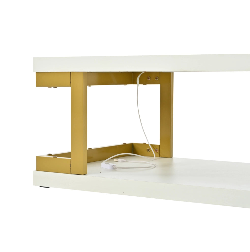 Tavolino da caffè rettangolare 100x50x37;5 cm bianco e oro con LED; MDF e metallo