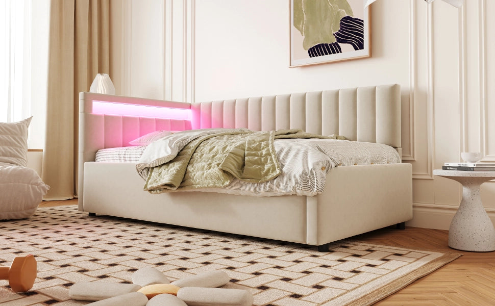 Letto poltrona con illuminazione LED e vano contenitore idraulico in velluto beige 90x200 cm