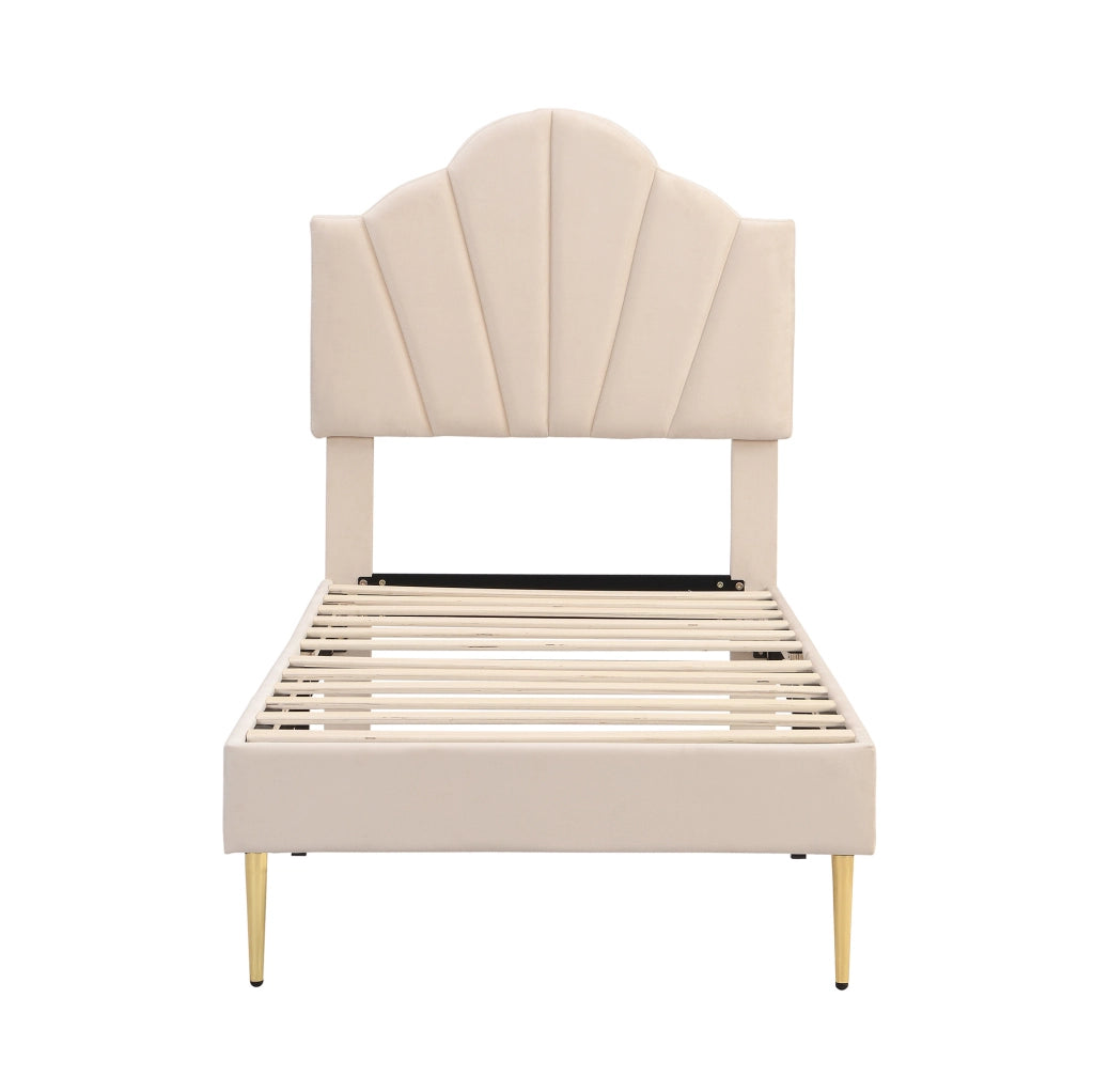 Letto imbottito matrimoniale 90x200 cm in velluto beige con testiera regolabile e rete a doghe
