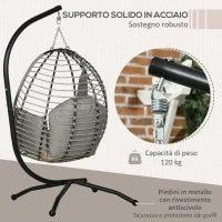 Poltrona Sospesa con Cuscino Imbottito, Seduta Pieghevole e Struttura in Acciaio e Corda, Grigio