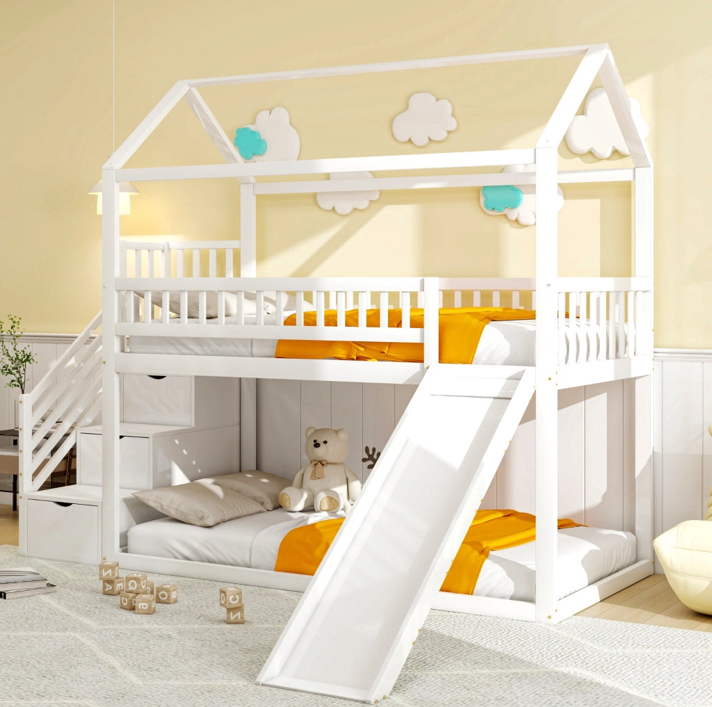 Letto a soppalco 90x200 cm con scivolo e scala contenitore in legno; metallo; compensato e MDF bianco