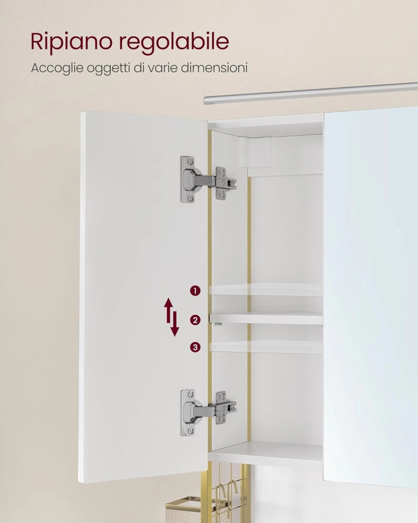 VASAGLE Armadietto da Bagno con Specchio e 3 Ante, Mobile a Parete, Cestino, Porta Asciugacapelli, Capiente, Mobiletto Bagno da Muro, Bianco Nuvola e Oro Verde Chiaro BBK124A10
