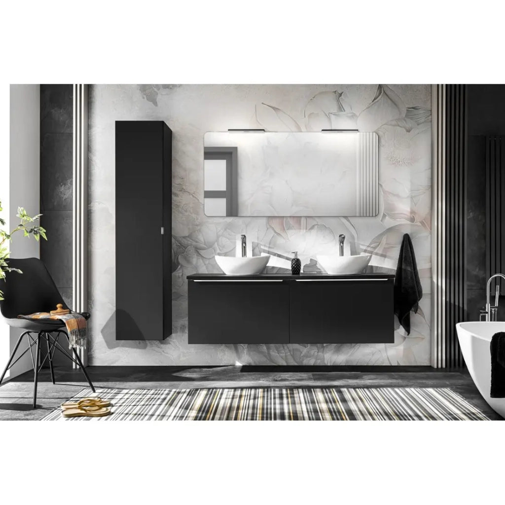 Set VANTA: mobile sottolavabo 120cm + piano per lavabo + 2 lavabi da appoggio + 1 colonna di stoccaggio + 1 specchio + 2 LED