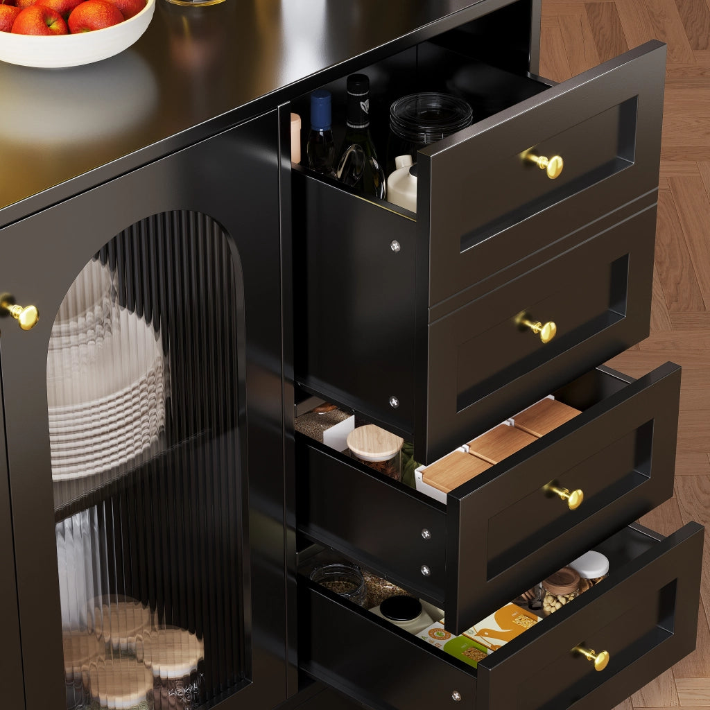 Credenza da Cucina Alta con 4 Ante; LED Regolabile e Vani Interni; in MDF Nero; 120 x 40 x 188 cm