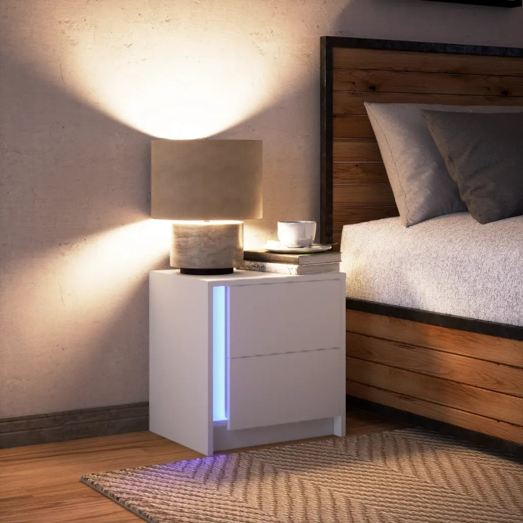 Comodino con Luci LED-Tavolino da notte Bianco in Legno Multistrato 734886