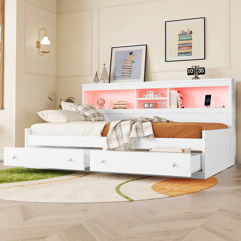 Letto a giorno Xylo - 90x200 cm - Bianco - 2 porte USB, 2 porte di ricarica, 2 cassetti