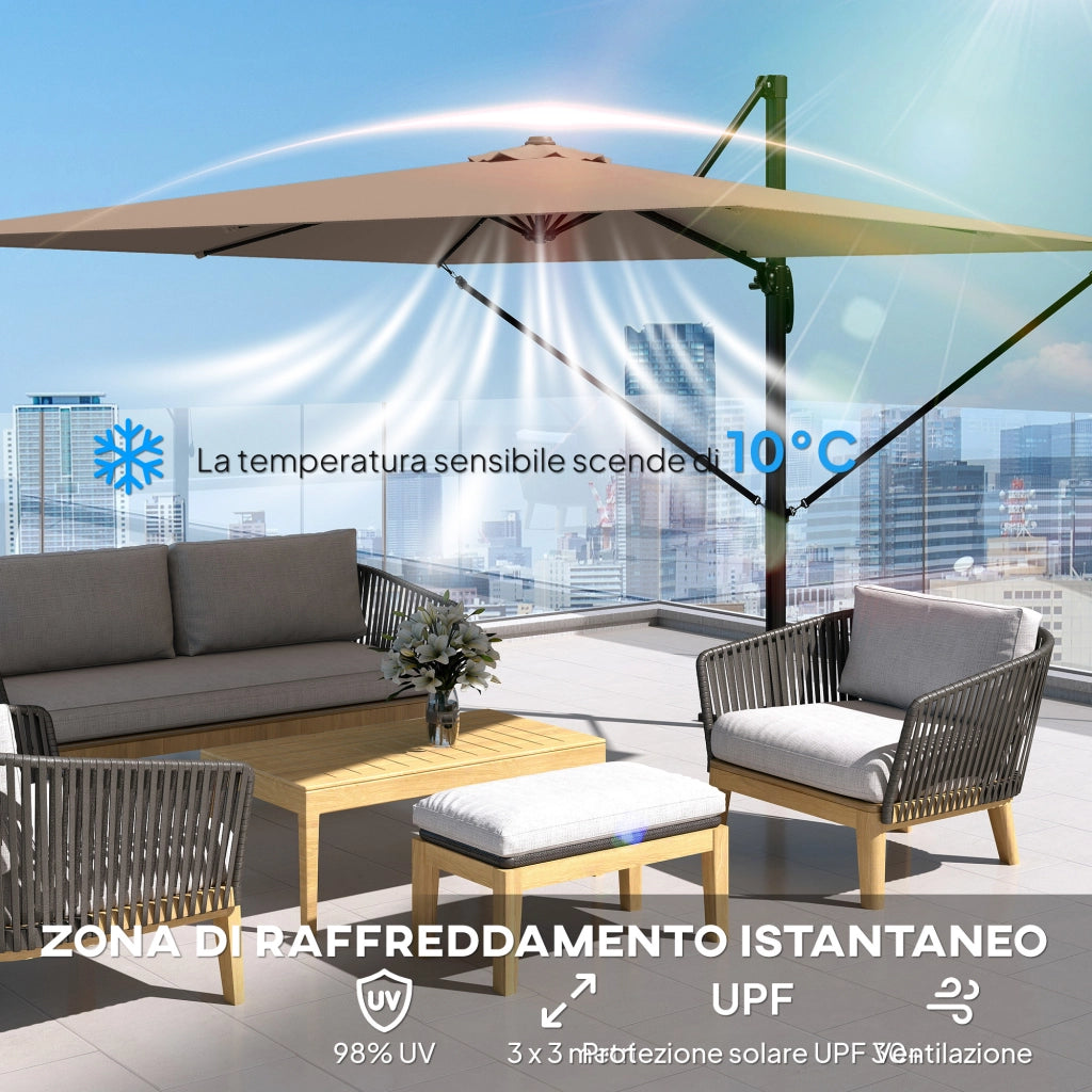 Ombrellone da Giardino 286x286x251 cm Decentrato con Base a Croce e Copertura in Alluminio Cachi