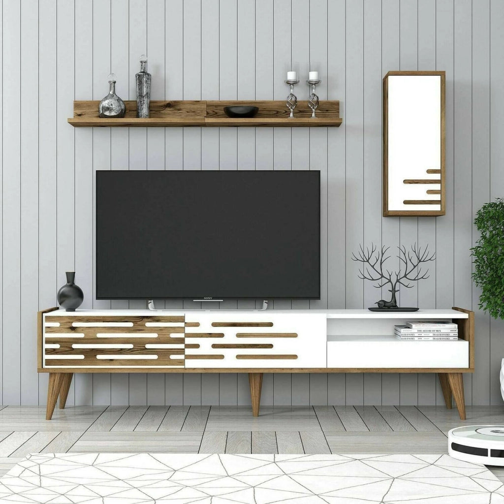 Mobile porta TV Upana, Credenza da soggiorno, Armadio basso per TV, Base parete attrezzata, 180x45h35 cm, Bianco e Noce