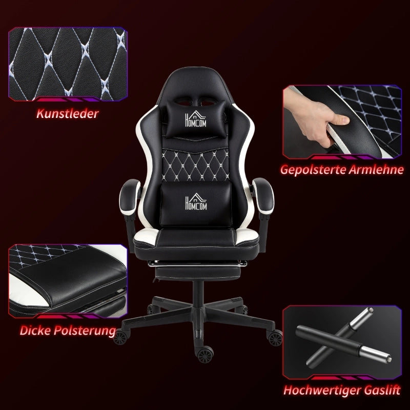 Sedia gaming reclinabile con poggiapiedi, cuscino lombare e poggiatesta girevole regolabile in altezza in poliestere nero