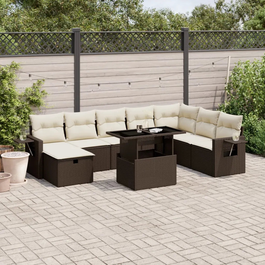 Set Divani da Giardino 9pz con Cuscini Marrone in Polyrattan