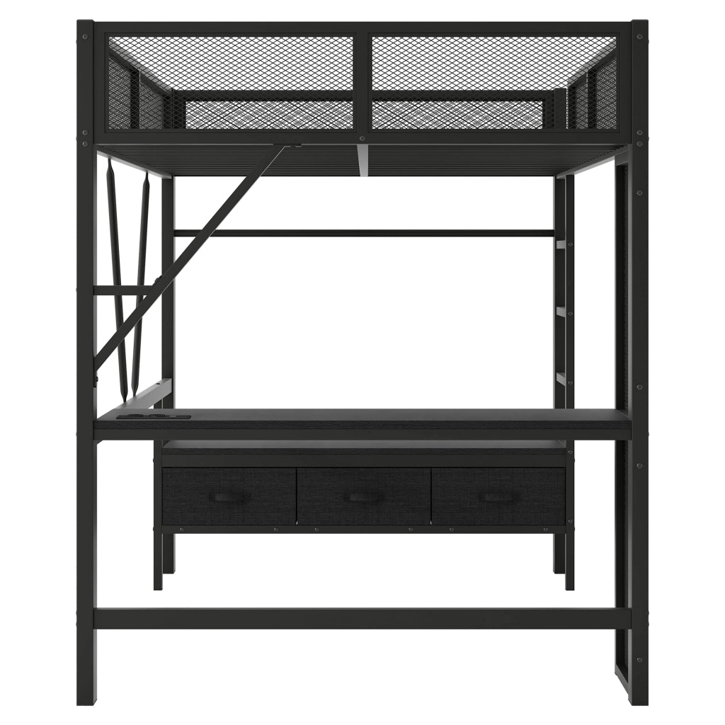 LETTO a soppalco 140x200 cm in metallo nero con scrivania, LED e 3 cassetti
