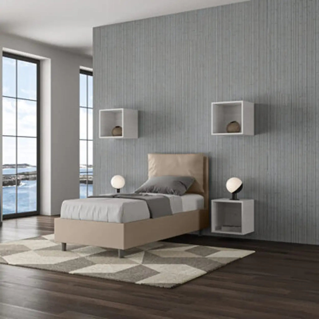 Letto singolo contenitore imbottito 80x210 similpelle tortora Antea
