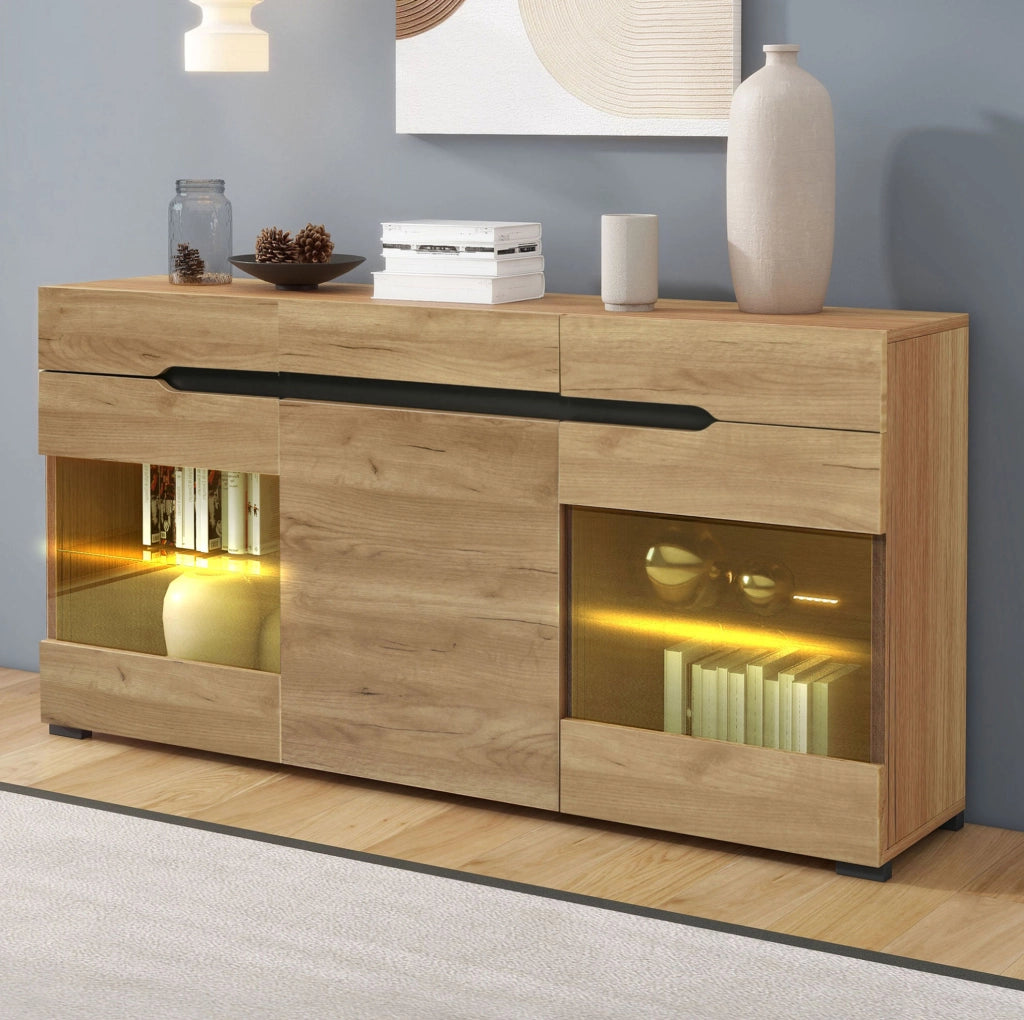 Credenza moderna rovere con LED, 3 vani e 3 cassetti