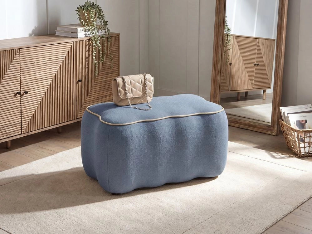 Panca rettangolare in tessuto azzurro 69 x 38, poggiapiedi, elemento decorativo per soggiorno e camera da letto