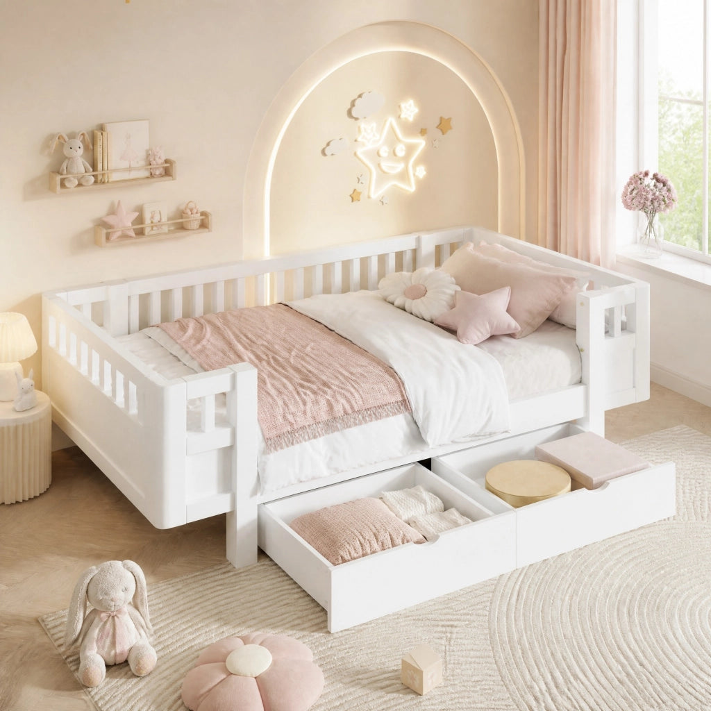 Letto singolo a piattaforma 90x200 cm con barriera alta e due cassetti; bianco