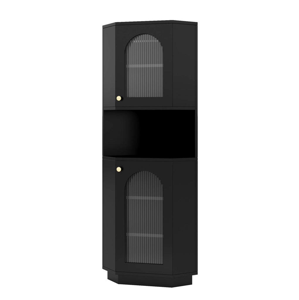 Mobile bagno angolare ULEVR con anta in vetro sagomato, vani aperti e luce interna, MDF nero