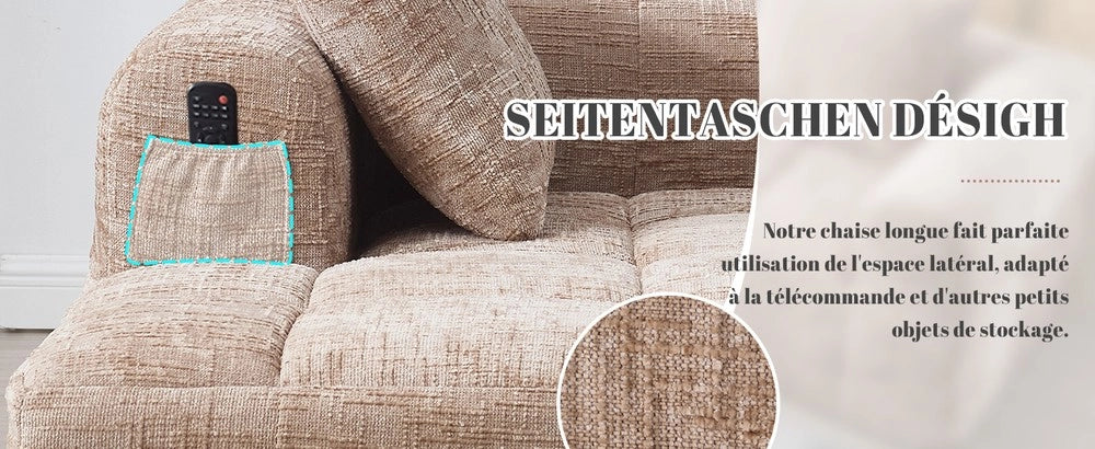 Divano angolare 3 posti con chaise longue e braccioli ¨C Minimal ¨C tessuto chenille khaki con 3 cuscini e tasca laterale