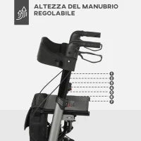 Deambulatore Pieghevole in Allumino ad Altezza Regolabile con Borsa, 64x67x80-92 cm, Nero e Argento