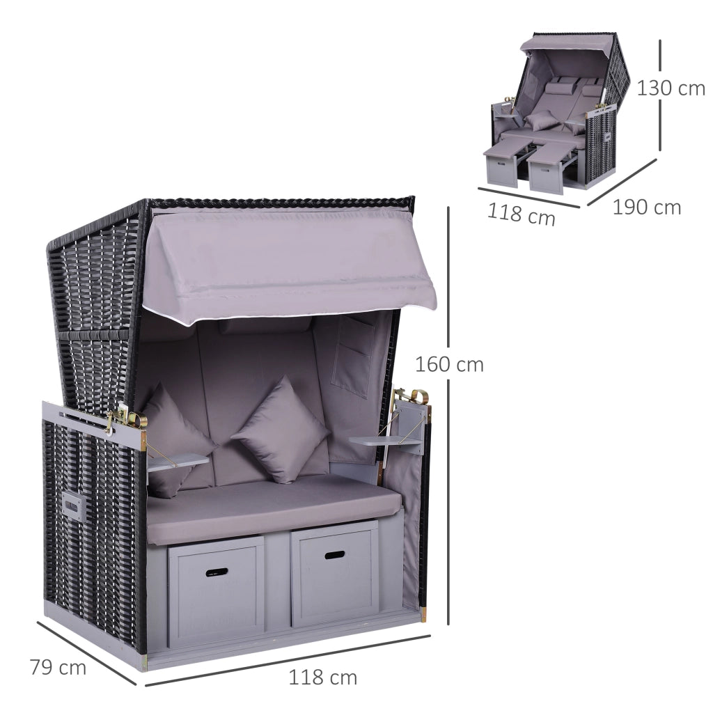 Doppia sdraio da giardino in rattan PE con tetto protettivo e porta bicchieri integrato colore grigio design moderno compatto e resistente