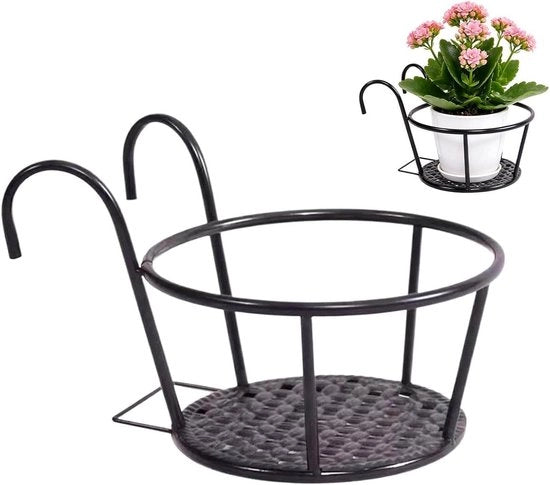 Sostegno per piante di balcone con rete metallica per contenere i vasi di piante.
