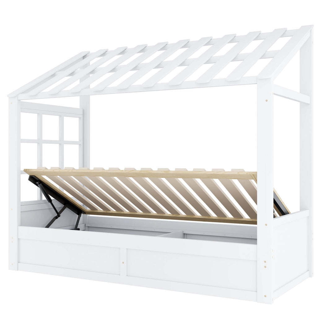 Letto per bambini 90x200 cm con contenitore idraulico e vani laterali; bianco