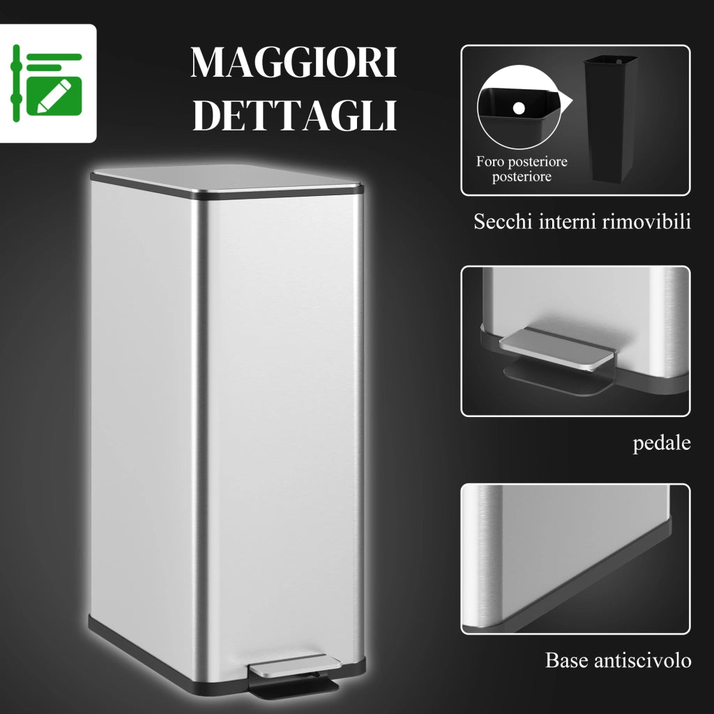 Cestino Spazzatura 20L ¨C zephmum ¨C Acciaio e PP, Argento, 21.5x37.2x57 cm